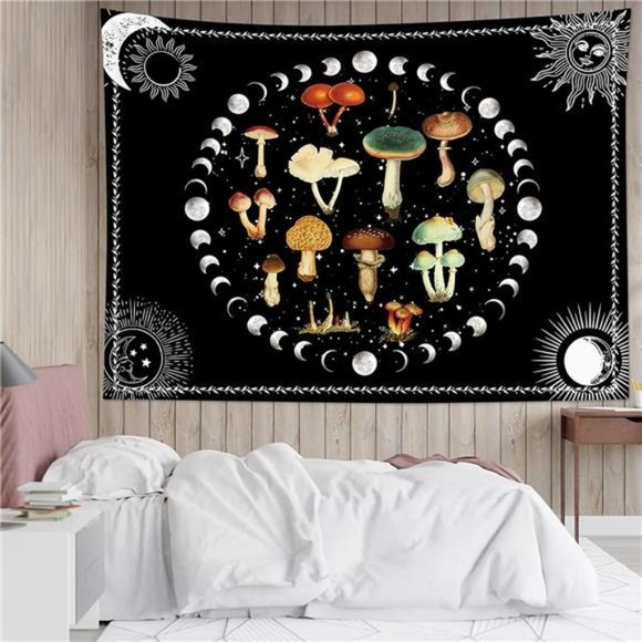 LB Mushroom Tapestry Moon Phase Wall Hanging Aesthetic Mandala Vintage Plant
